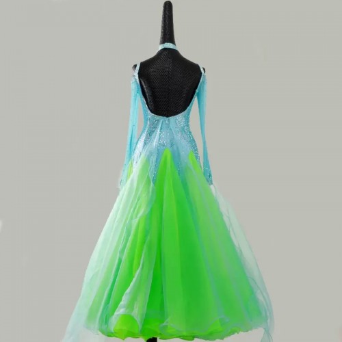 Customized size green with blue competition ballroom dance dresses for women girls kids waltz tango foxtrot smooth dance long gown for female